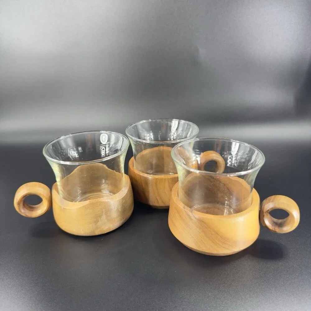 Vintage Jena Glass Mug with Wooden Holder Insert Set 3 Round Handle Wood Insert‎
